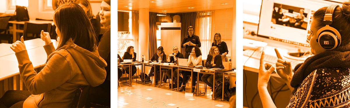 Viittomakielen tulkki aiheisia kuvia, ensimmäisessä kaksi naista istuu pulpeteissa ja toisella on peukalot ylöspäin, toisessa kuvassa ryhmä istuu luokassa pulpeteissa ja opettaja seisoo heidän takanaan, kolmannessa kuvassa nainen istuu luurit päässä ja viittoo tietokoneruudulle.
