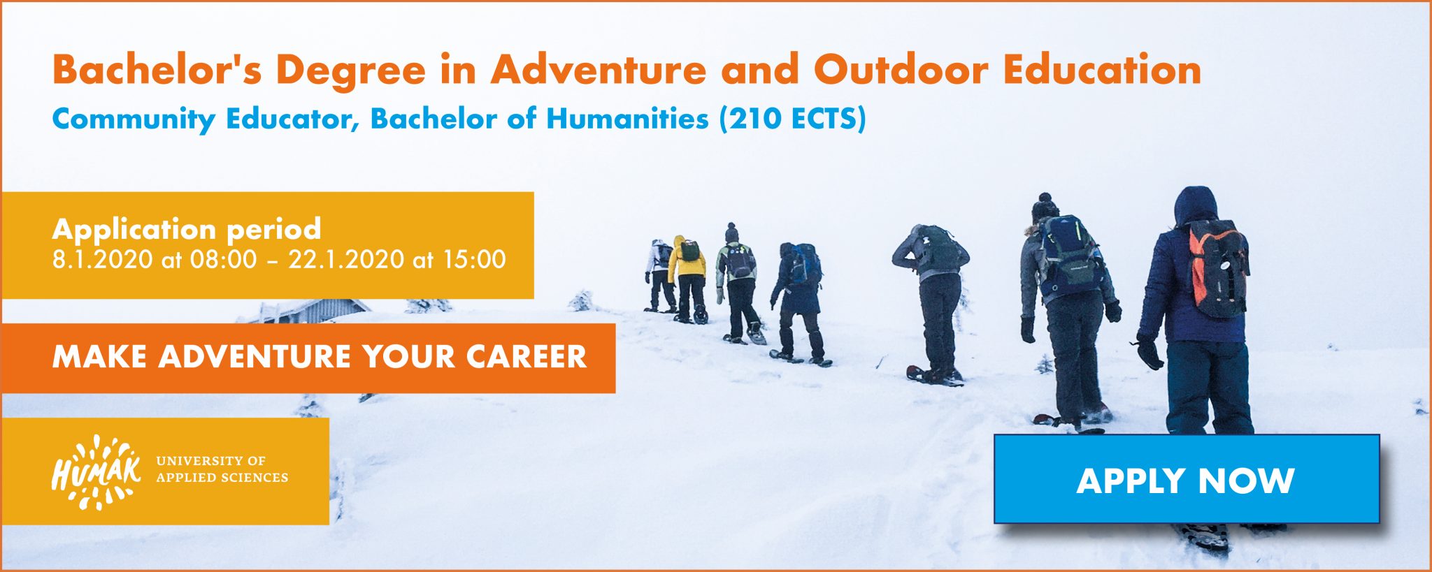 Application period banner: Bachelor's degree in adventure and outdoor education 2020