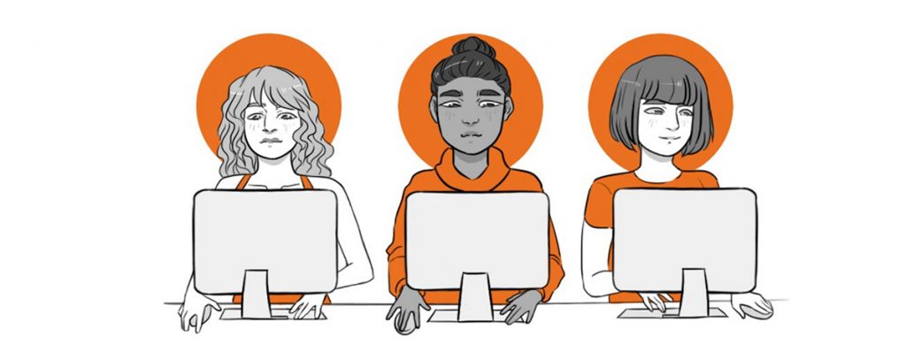Piirroskuva kolmesta naisesta tietokoneiden äärellä.