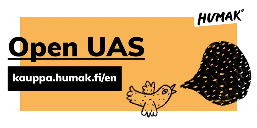 A cartoon bird on an orange backround. Open UAS, kauppa.humak.fi/en