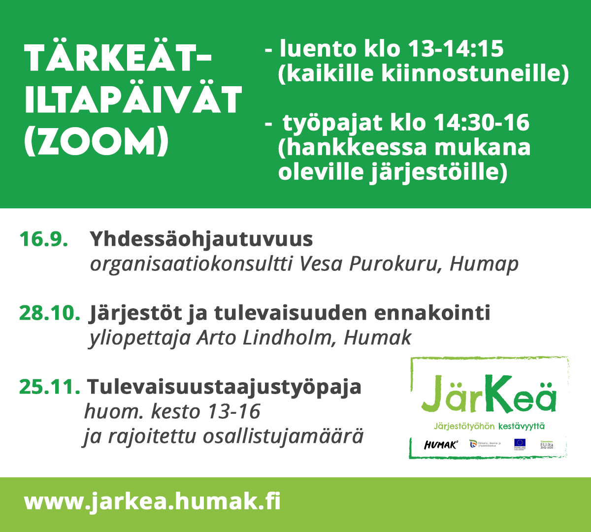 JärKeä-hankkeen iltapäivät banneri, jossa vihreä valkoinen teksti ja väritysasu, hankkeen toteuttajien logot.