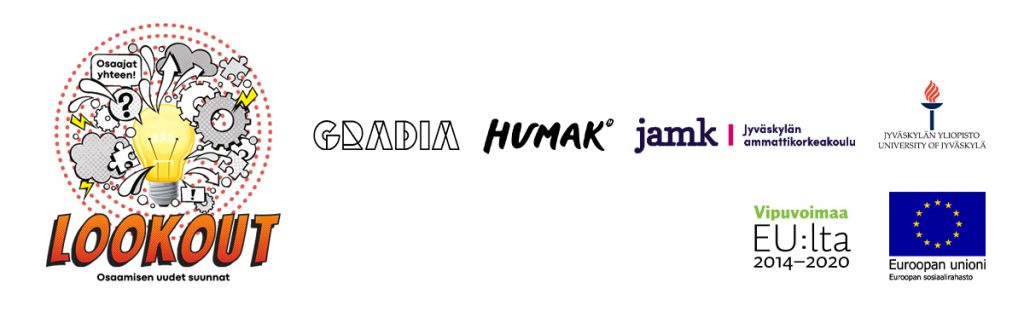 Lookout -hankkeen logot ja rahoittajat: Gradia, Humak, Jamk, Jyväskylän Yliopisto, ESR ja Vipuvoimaa EU:lta.
