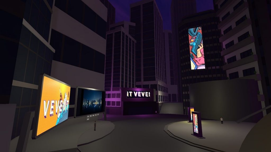 Virtuaalinen tapahtuma- ja opetustila, jossa mustanharmaita pilvenpiirtäjiä ja Vevent-kuva mainosruudulla. 