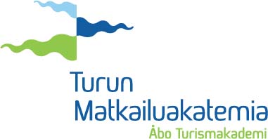 Sini-valko-vihreä Turun matkailuakatemia yhteistyöhanke logo.