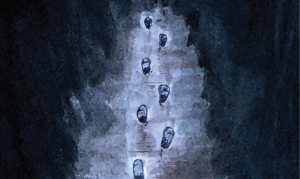 A dark path with footsteps that end suddenly, symbolizing suicide.