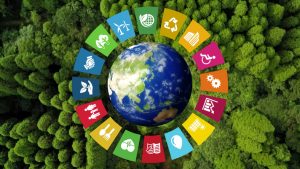 The Earth is surrounded by symbols that represent the goals of sustainable development, e.g. recycling, solar energy, clean water, food, health. The background is a picture of a forest.