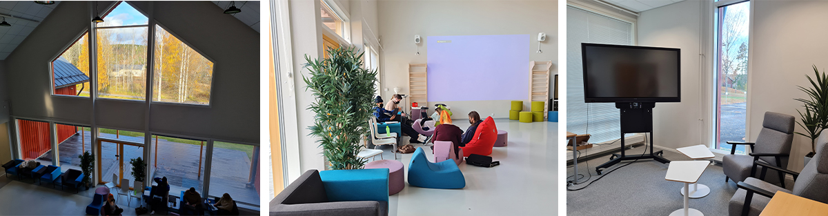 Kolme vierekkäistä kuvaa Jyväskylän kampuksen sisätiloista, kahdessa on opiskelijoita, kolmannessa tvruutu ja nojatuoleja, Ikkunoista näkee luontoa. 
