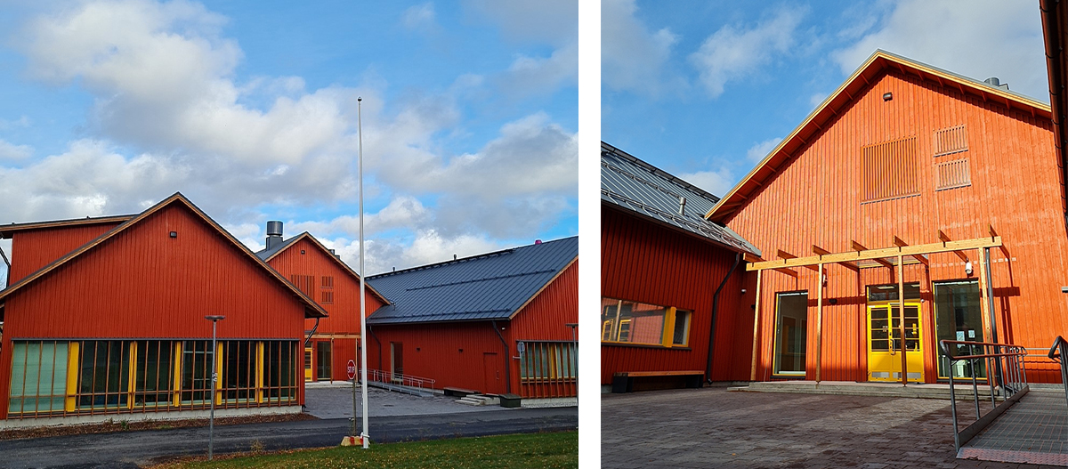 Kaksi vierekkäistä kuvaa Jyväskylän kampuksen rakennuksista. Harjakattoiset rakennukset, puupintaiset, edessä tyhjä lipputanko. 