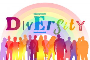 A colorful rainbow over which has been written “DIVERSITY” in letters that are vary in colors and fonts. Underneath the rainbow and the text, there are colorful shapes of people.