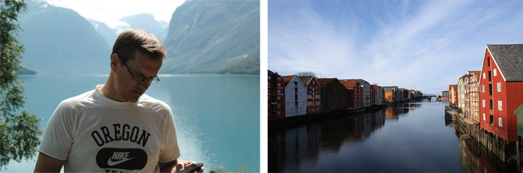Kahden kuvan kollaasi. Toisessa mies tutkii kännykkäänsä vuonomaisemassa ja toisessa vanhoja norjalaisia varastorakennuksia joen molemminpuolin heti joessa kiinni.