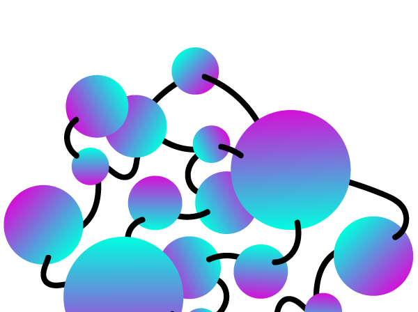 Graafinen pallokuvio, jossa erikokoiset lila-turkoosi -pallot yhdistetty mustilla viivoilla toisiinsa, solumainen piiroskuvio, jossa lennokkuutta. 