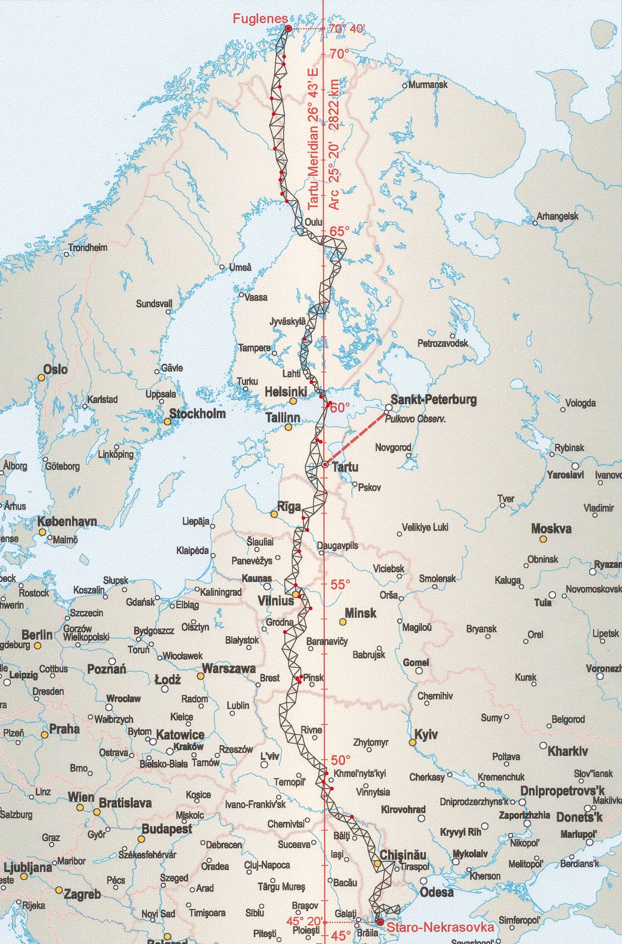 Kuvassa näkyy Struven ketjun mittauspisteet kolmioketjuna aina Jäämereltä Mustallemerelle saakka. Kuvassa on osa Pohjois- ja Keski-Euroopan karttaa.