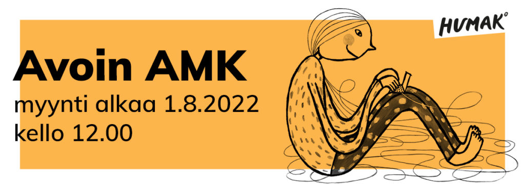 Bannerikuva Avoimen AMKin myynnin aloituksesta 1.8.2022 kello 12, kuvituskuvana graafinen ihmishahmo istumassa jalat koukussa ja tietokone sylissä.
