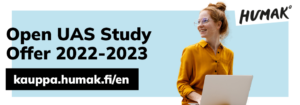 A banner of the Open UAS Study Offer 2022-2023, in which a woman is laughing with a laptop on her lap.