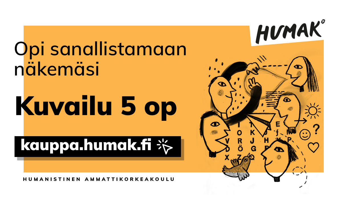 Oranssilla pohjalla musta teksti opi sanallistamaan näkemäsi, Kuvailu 5 op. Kauppa.humak.fi.