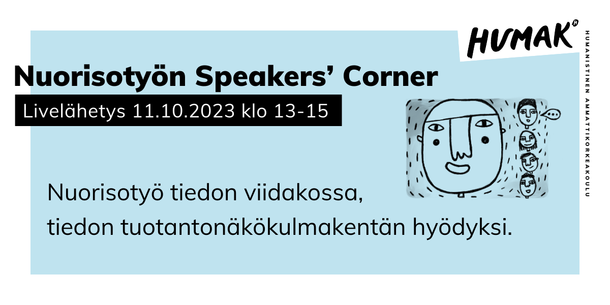 Kuvassa on vaakamuotoinen banneri Nuorisotyön Speakers Cornerista 2023. Kuvituksena graafinen piirros ihmisryhmästä, jossa yksi iso kasvokuva ja monta pienempää kasvokuvaa.