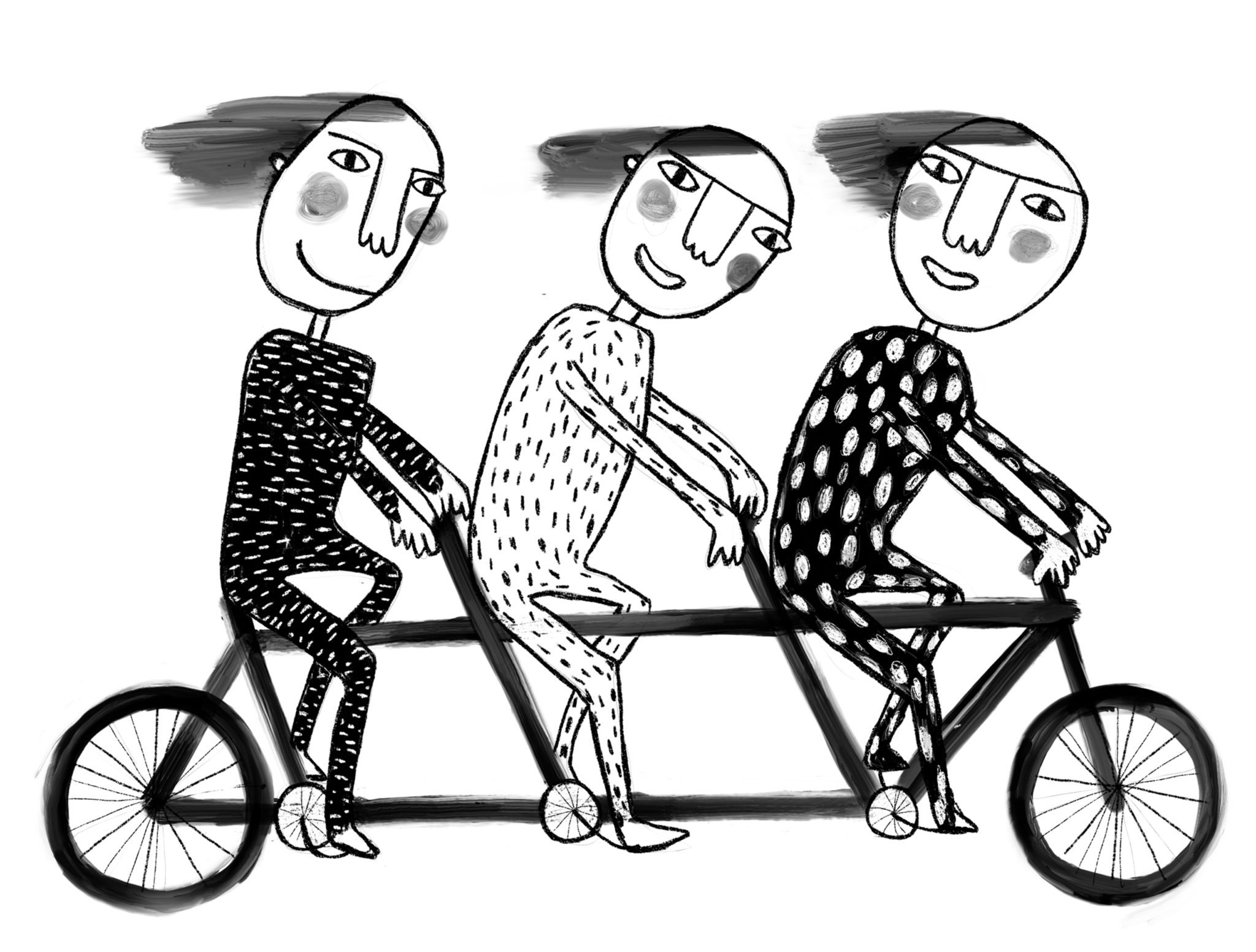 Kolme henkilöää ajaa tandempyörällä