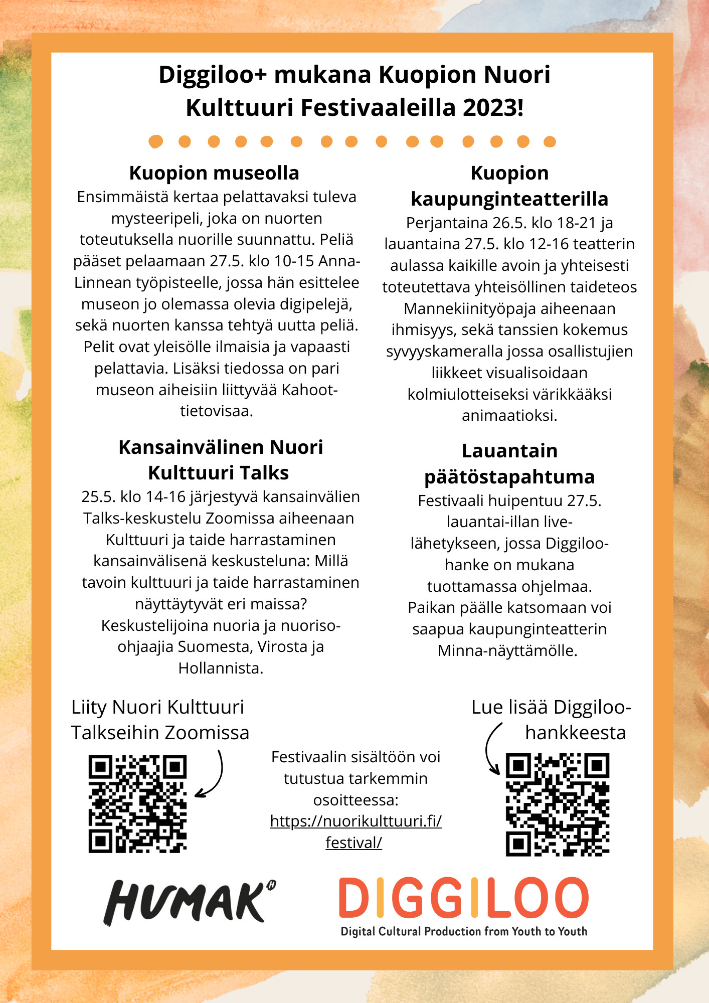 Tekstiä täynnä oleva tiedosto Digiloo+ ohjelmasta Kuopion Nuori Kulttuuri -festivaaleilla. Ohjelman alareunassa on QR-koodeja.