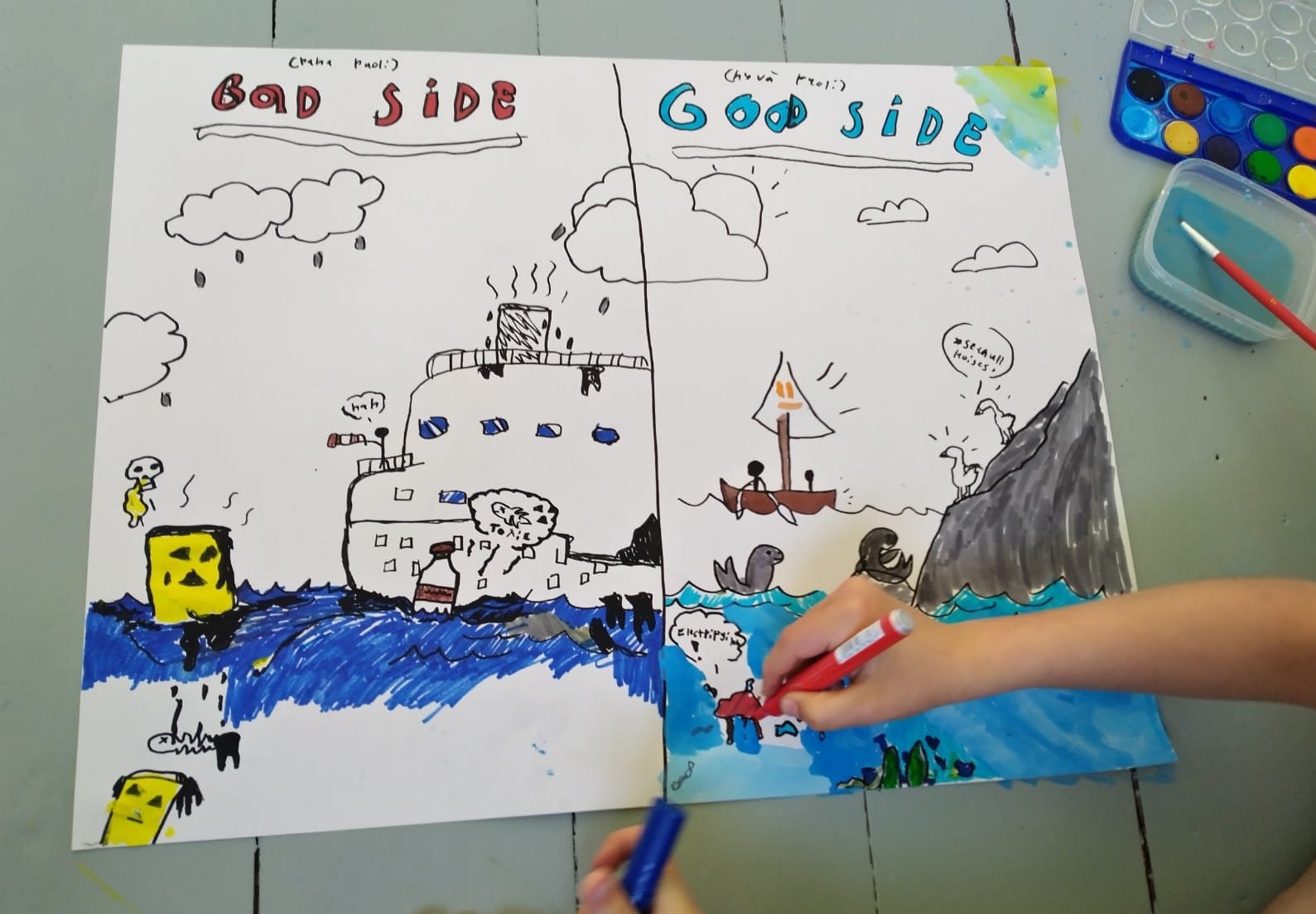 A drawing by children depicting ”bad side and good side” of sea. On the left side of the picture the bad side with oil spills, toxins and died fish, on the right side the good side with clean water, seals and other animals.