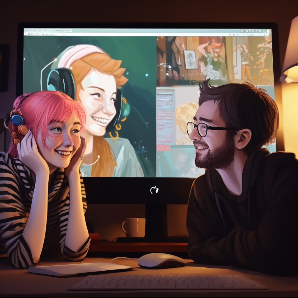 Nainen ja mies istuvat toimistopöydän ääressä ja juttelevat. Taustalla näkyy tietokoneen screeni, jossa näkyy kolmas hahmo kuulokkeet päässä.