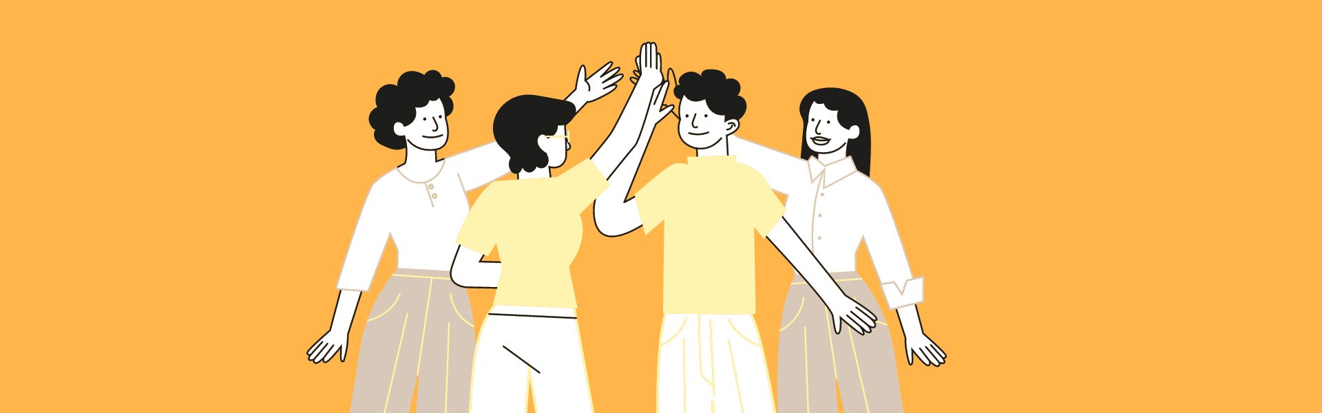 Neljä piirrettyä hahmoa lyö kädet yhteen onnistumisen merkiksi.