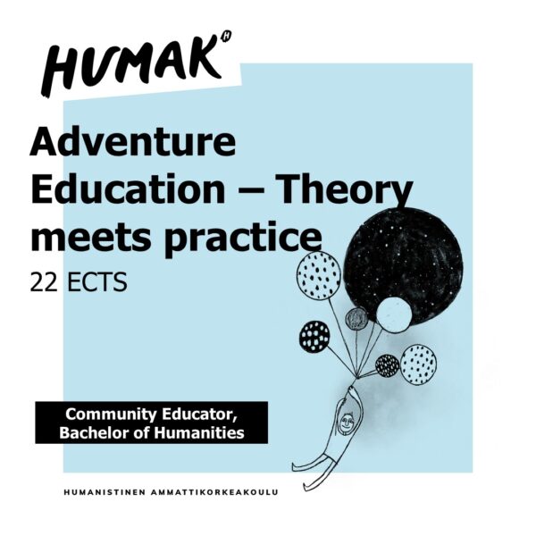 Adventure Education, theory meets practice banner with a person flying with balloons.
