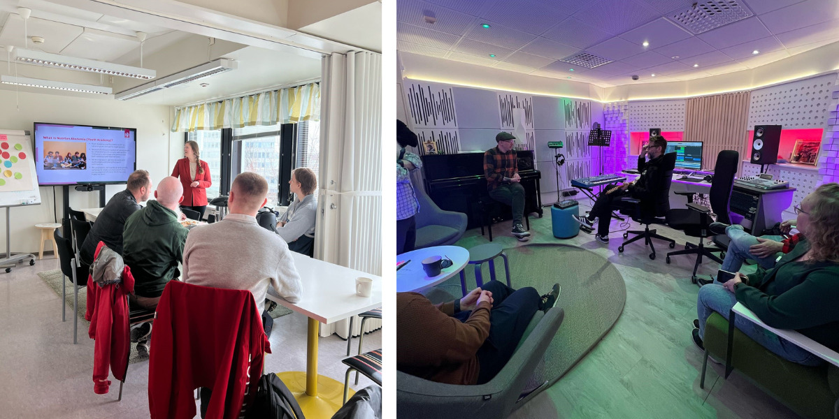Left picture: Four people sitting at a table and listening to one person giving a presentation. A tv screen with PowerPoint presentation.Right picture: TFive people sitting in a dark room. Acoustic panels on the walls. Piano, keyboard, computer screen and sound table.