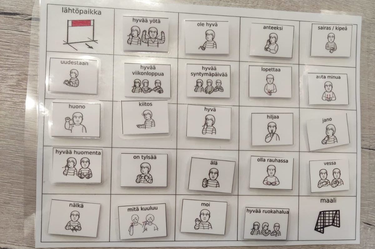 A4 paperilla on ensimmäisenä lähtöruutu, jonka jälkeen tulee erilaisia tukiviittomakuvia. Viimeisenä paperilla on maali.