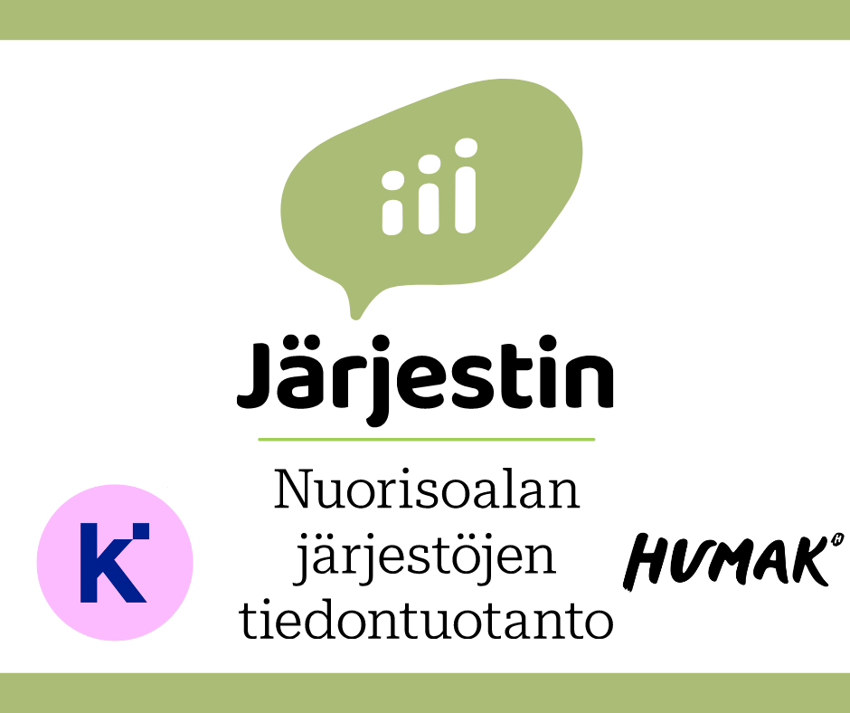 Banneri, jossa Kentaurin ja Humakin logo, järjestin ja sen tunnus puhekupla jossa kolme iitä sekä teksti Nuorisoalan järjestöjen tiedontuotanto.
