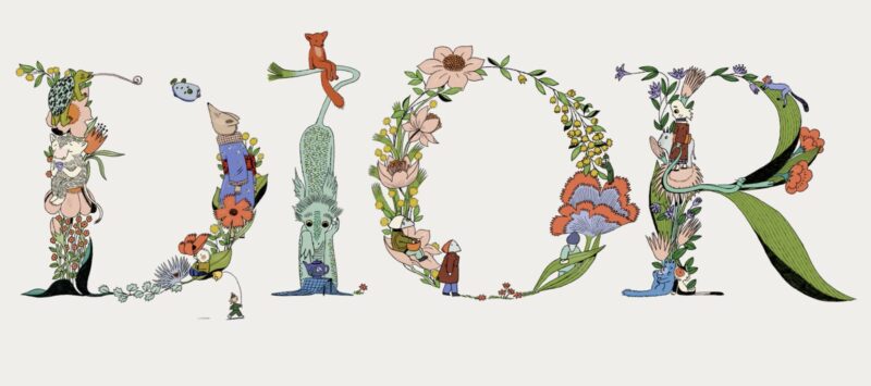 Graafinen kuvitus, jossa erilaisista eläimistä ja kasveista muotoutuu sana Dior.