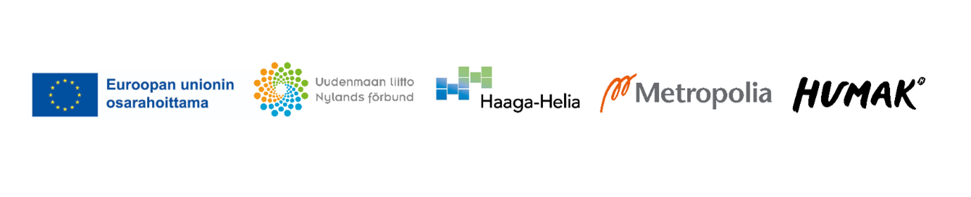 Logot: Euroopan unionin osarahoittama, Uudenmaan liitto, Metropolia, Haaga-Helia ja Humak.