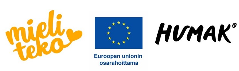 Vaalean oranssi Mieliteko -hankkeen logo, jossa tekstin lisäksi sydän. Musta Humak -logo. EU:n osarahoittama -logo.