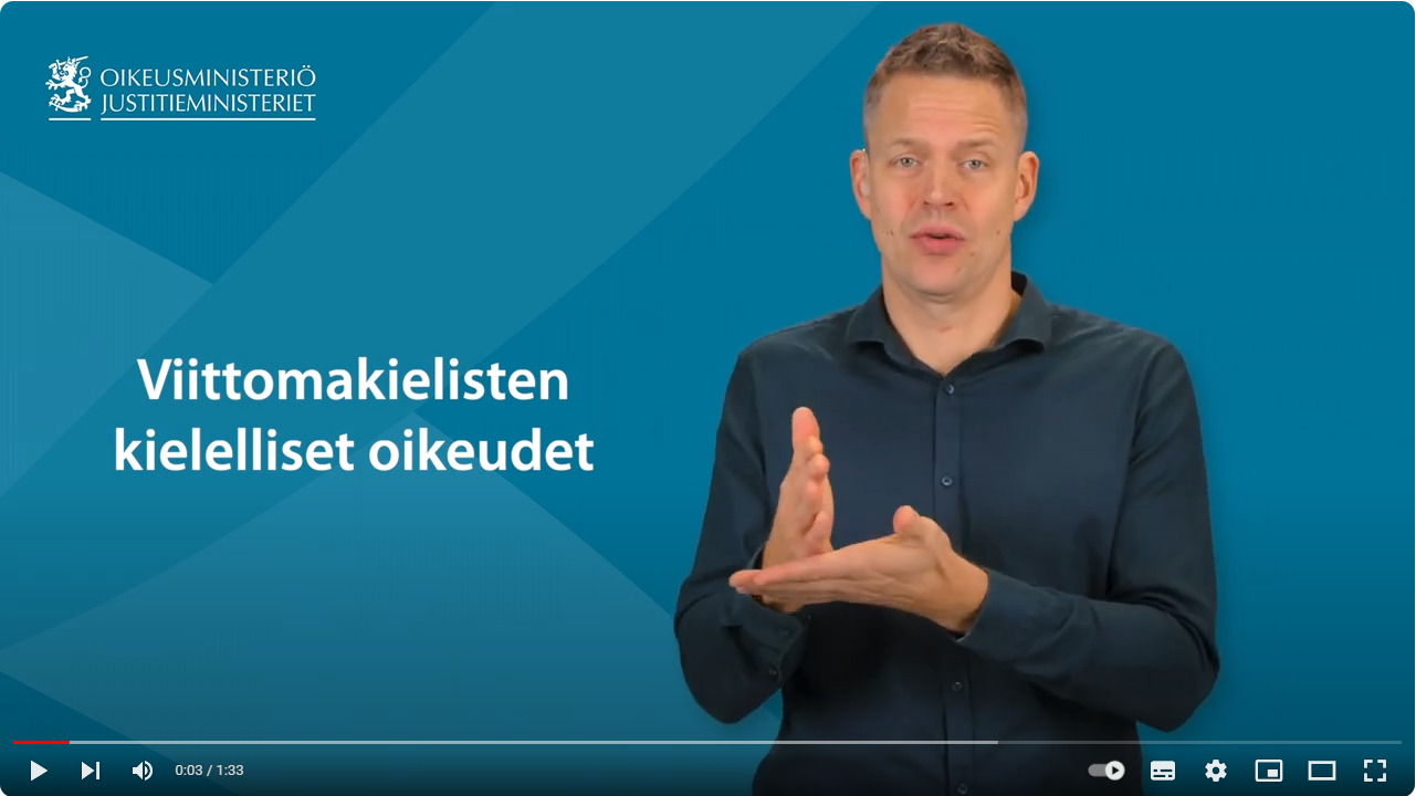 Oikeusministeriön brändiseinä taustallaan oleva viittomakielinen ihminen viittomassa sekä teksti Viittomakielisten kielelliset oikeudet".