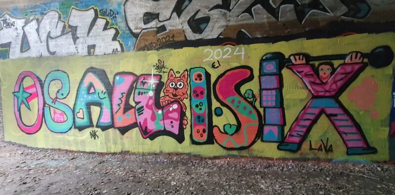 Osallisix-teksti graffitina betoniseinässä. Kirjaimissa eri värejä, kuten sinistä, punaista, vaaleanpunaista ja vihreää. Kirjaimia koristeltu eri muodoilla, kuten tähdillä ja sydämillä. L-kirjaimen takaa kurkistaa ruskea eläin, jolla on pystyt korvat. X-kirjaimesta on tehty ihmishahmo, joka pitää ylhäällä olevissa käsissään painonnostotankoa.