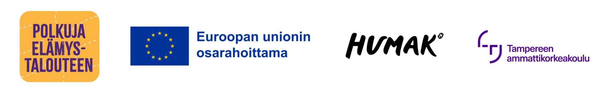 Logoja: Polkuja elämystalouteen -hanke (oranssi tausta, liila fontti), EU:n osarahoittama, Humak ja Tampereen ammattikorkeakoulu,