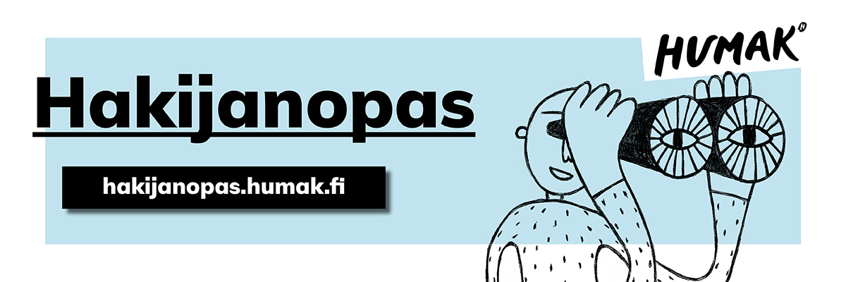 Sinitaustainen vaakabanneri Hakijan oppaasta.