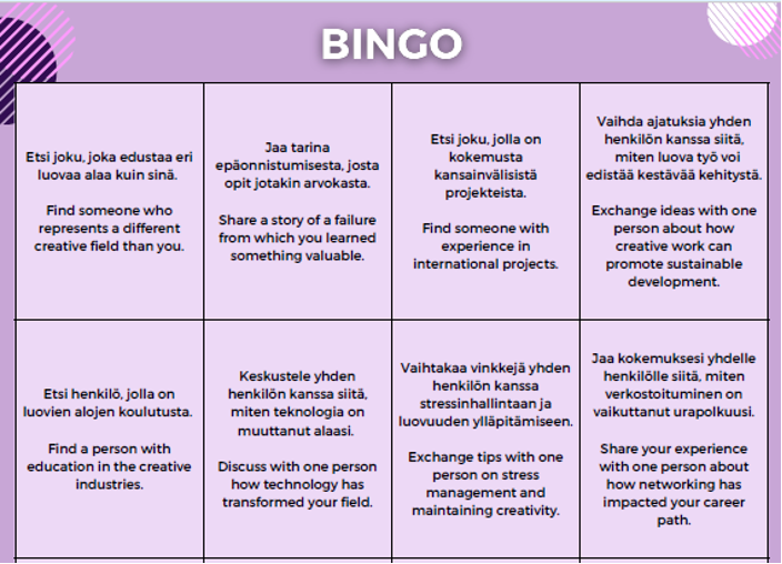 Kuvassa Bingo-ruudukko, jossa A4-kokoisella paperilla on laatikoita, joissa kussakin on jokin tehtävä, joka pitää tehdä.