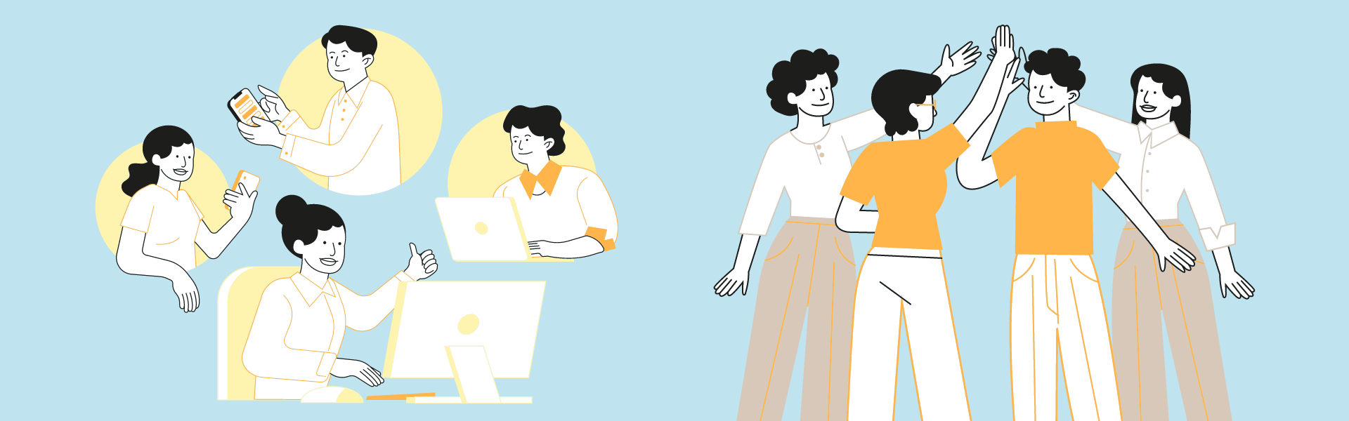 Vasemmalla hahmoja etäyhtedellä, osa puhelimella osa koneella. Oikealla työporukka lyö käsiä yhteen onnistumisen merkiksi.