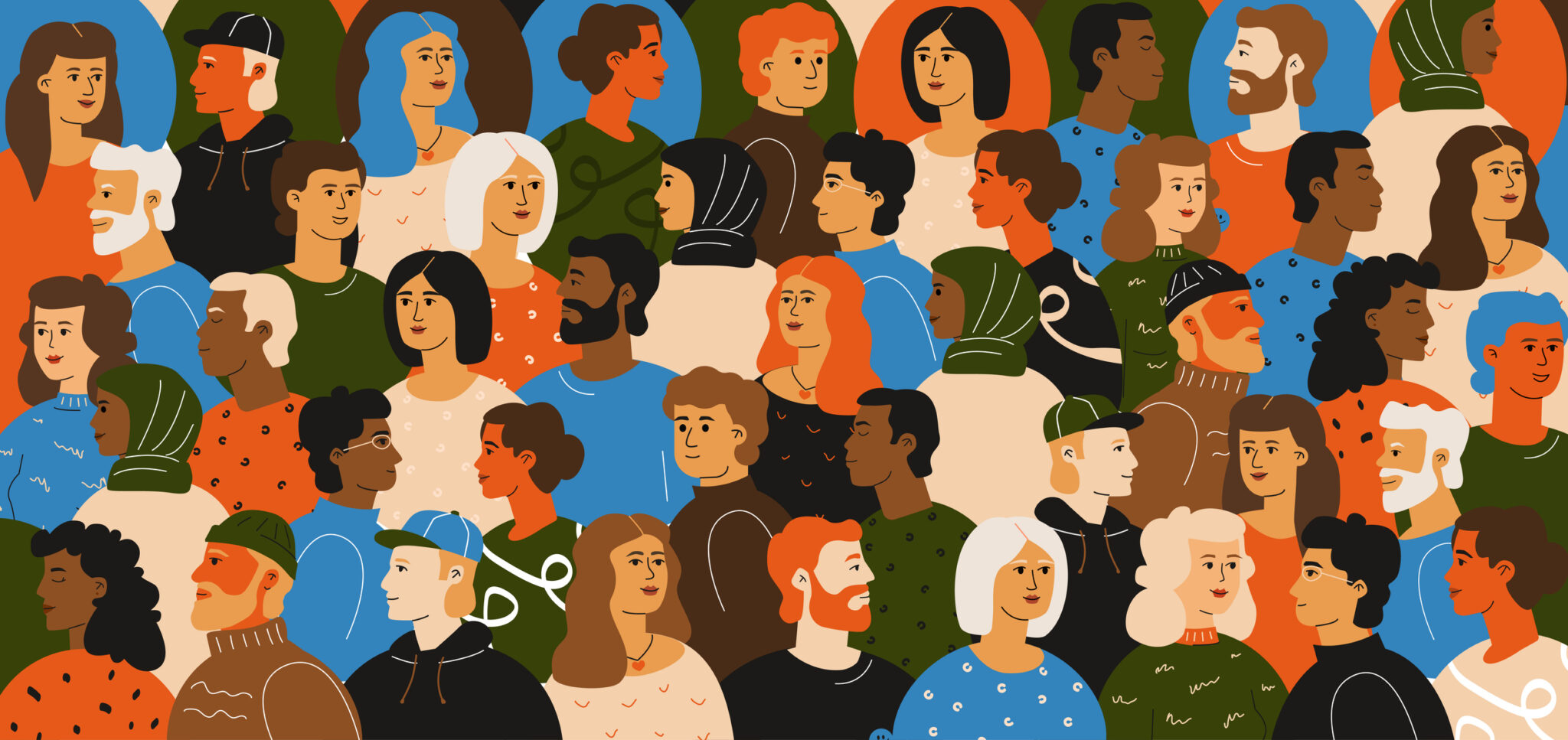 A vibrant hand drawn illustration of a multiethnic crowd. The diverse society is shown in a positive gathering, symbolizing unity and interaction.