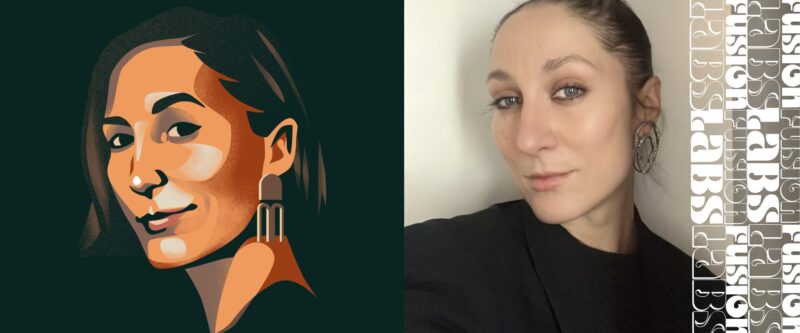 Vasemmalla tummahiuksinen nainen piirrettynä, oikealla saman henkilön valokuva. Petra Koivisto.