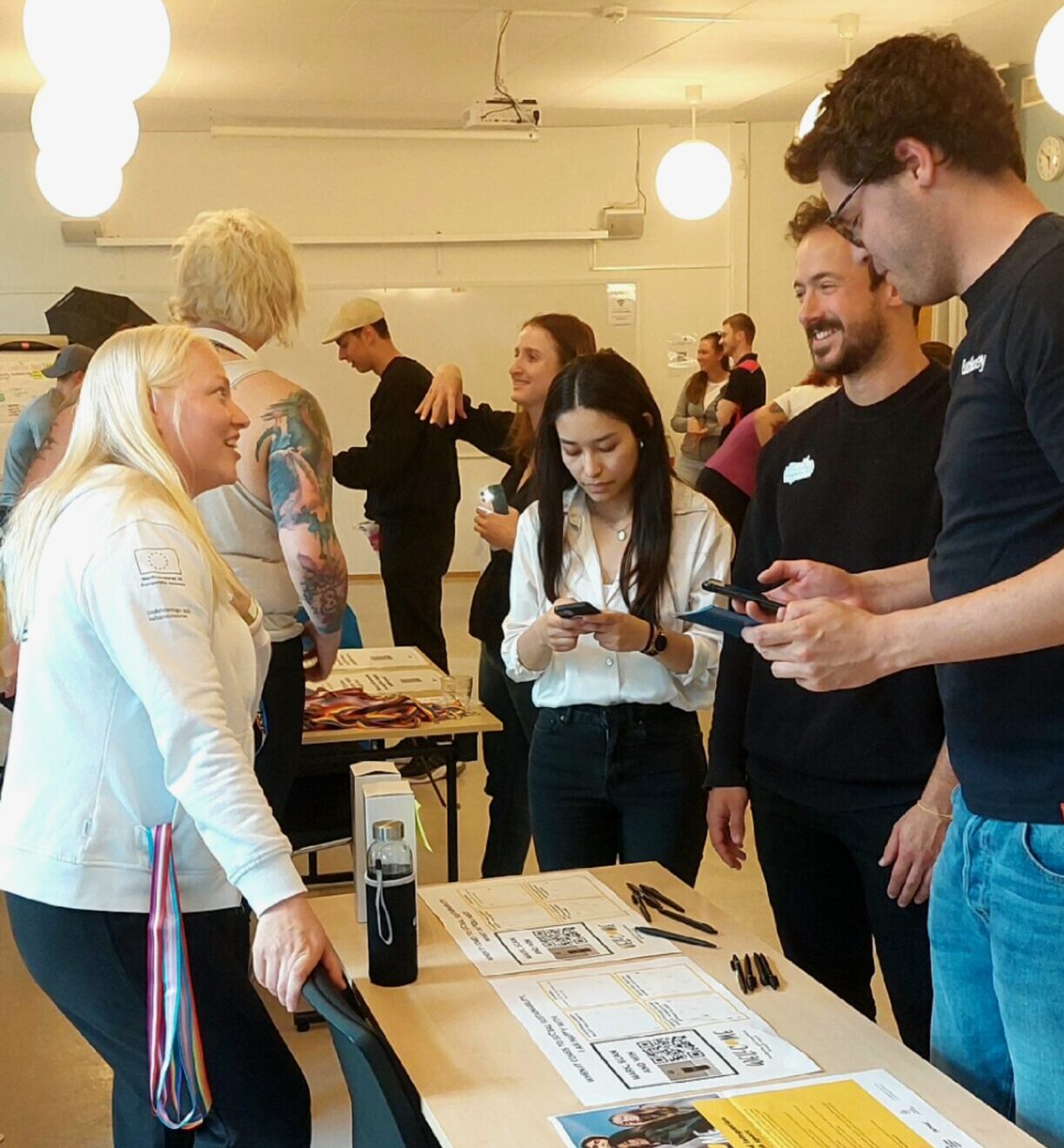People around the table chatting.