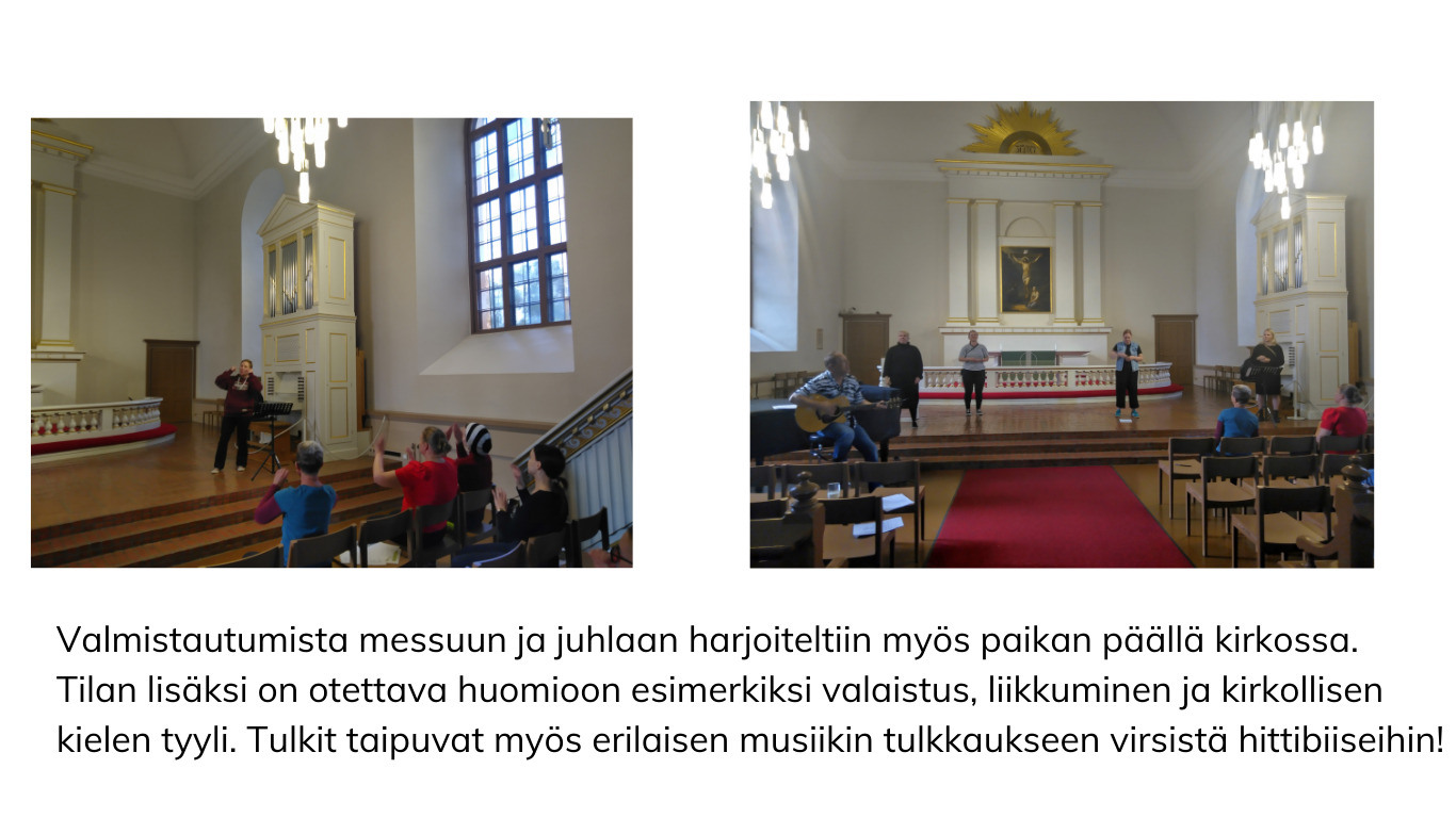 Kirkon lattialla on punainen matto ja päädyssä on alttaritaulu.  Käytävän molemmilla puolilla on puisia kirkonpenkkejä. Joukko ihmisiä seisoo käytävällä. 