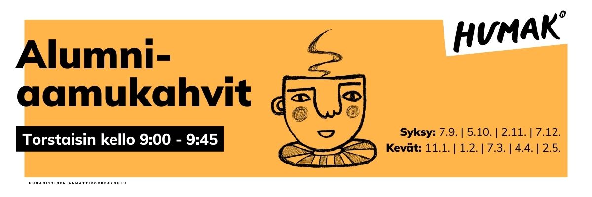 Kuvassa on graafinen kasvohamo kahvikupissa, josta nousee höyrykiehkura. Tekstissä kerrotaan alumnien aamukahveista syksyllä 2023 ja keväällä 2024. 