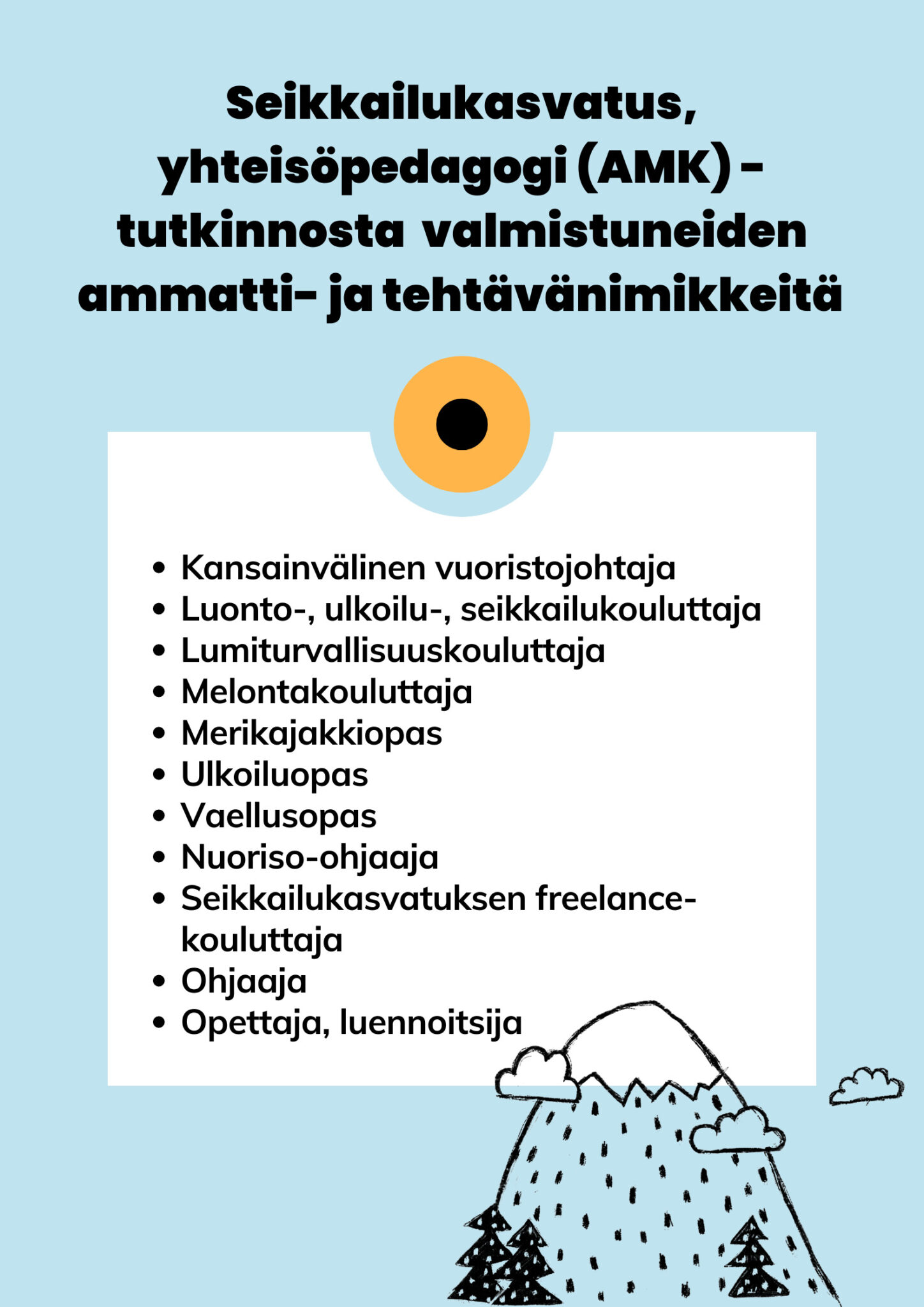 Seikkailukasvatus, yhteisöpedagogi (AMK) -tutkinnosta valmistuneiden ammatti- ja tehtävänimikkeitä: kansainvälinen vuoristojohtaja, luonto-, ulkoilu-, seikkailukouluttaja, lumiturvallisuuskouluttaja, melontakouluttaja, merikajakkiopas, ulkoiluopas, vaellusopas, nuoriso-ohjaaja, seikkailukasvatuksen freelance-kouluttaja, ohjaaja, opettaja, luennoitsija. 