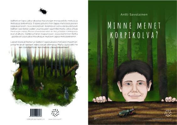 Satukirjan kannet, joissa vihreä-ruskea piirroskuva miehestä ja kovakuoriaisesta ja takakannen teksti ja kuva.