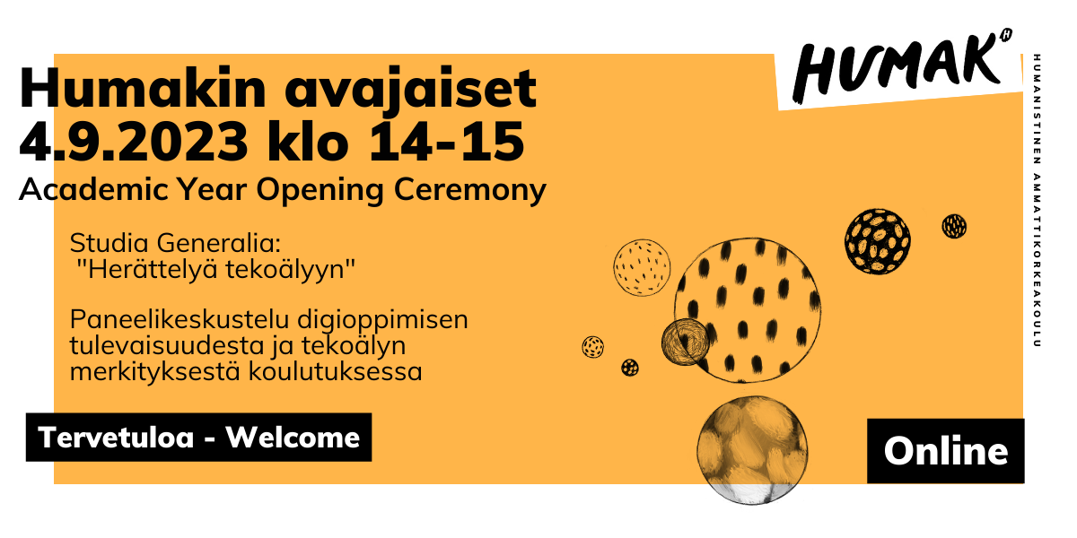 Kuvassa vaakamallinen banneri, jossa tekstinä tiedote Humakin avajaisista 4.9.2023 ja kuvituksena graafisia erinäköisiä ja kokoisia palloja leijumassa.
