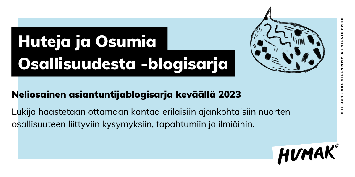 Kuvitusbannerikuva Huteja ja osumia osallistuudesta -blogisarja, jossa kuvituksena puhekupla jonka sisällä on erilaisia piirroskuvia.