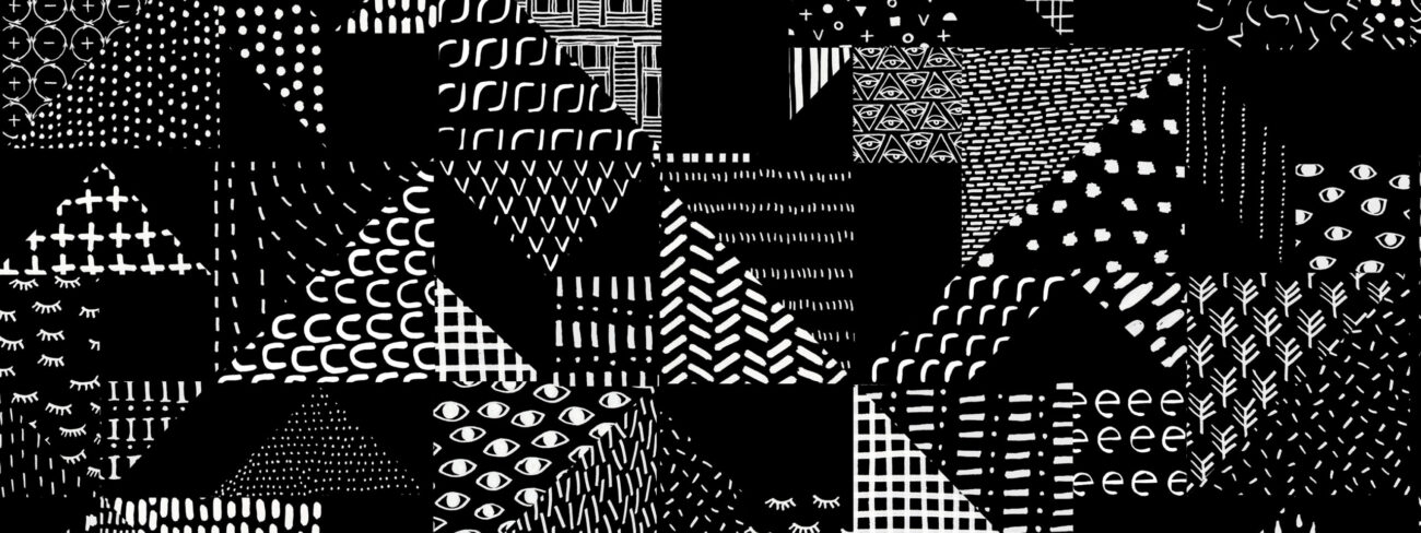 Saanan ja Ollin tekemä mustavalkoinen, erilaisista geometrisista muodoista koostuva kuosi.