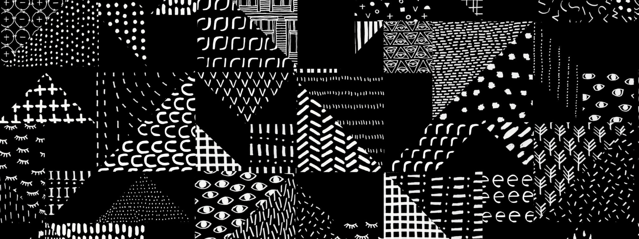 Saanan ja Ollin tekemä mustavalkoinen, erilaisista geometrisista muodoista koostuva kuosi.