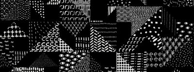 Saanan ja Ollin tekemä mustavalkoinen, erilaisista geometrisista muodoista koostuva kuosi.